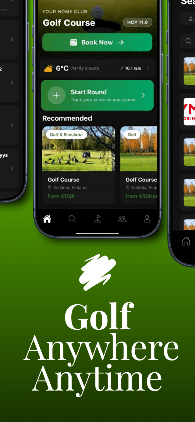 Golf Anywhere Anytime β GolfBooker home screen with booking and courses